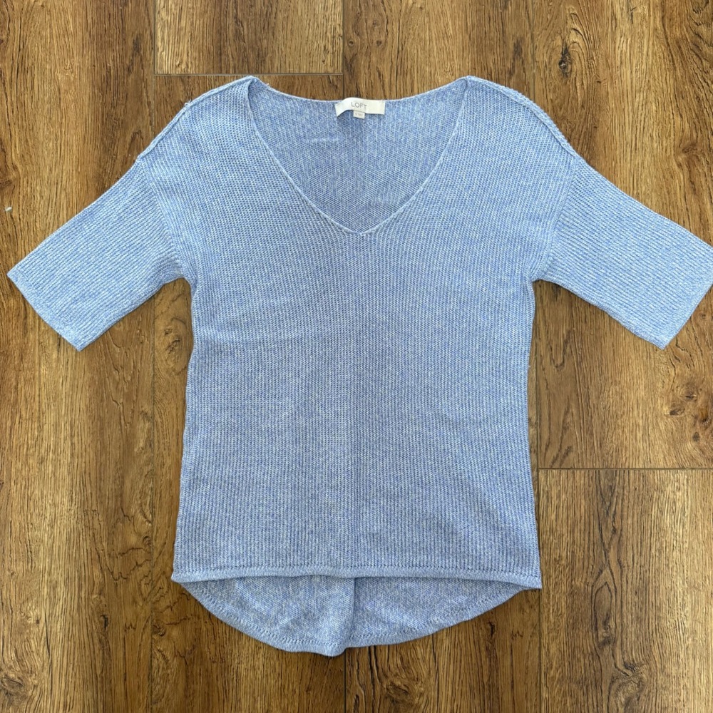 Y2K LOFT Knit Top Blue V‎ Neck Womens Size S Short Sleeve 100% Cotton Sweater